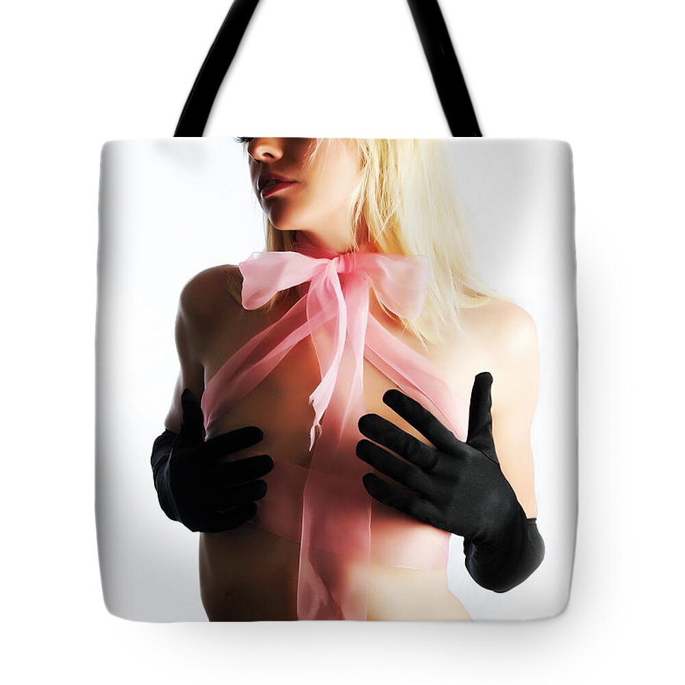 Boudoir Photographs Tote Bag featuring the photograph Mystery in pink lace by Robert WK Clark