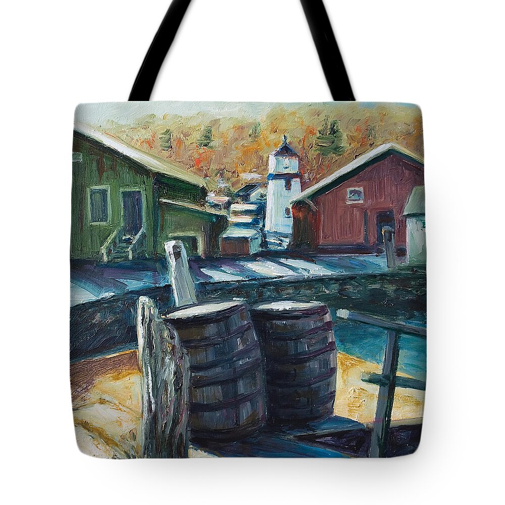 New England Tote Bag featuring the painting Mystic Harbor by Rick Nederlof