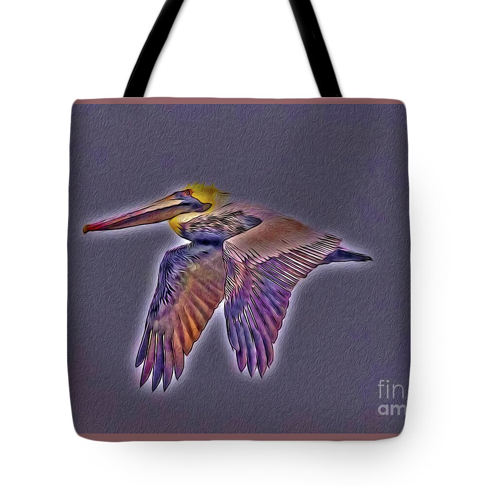 Brown Tote Bag featuring the digital art Mystical Brown Pelican Soaring Spirit by DB Hayes