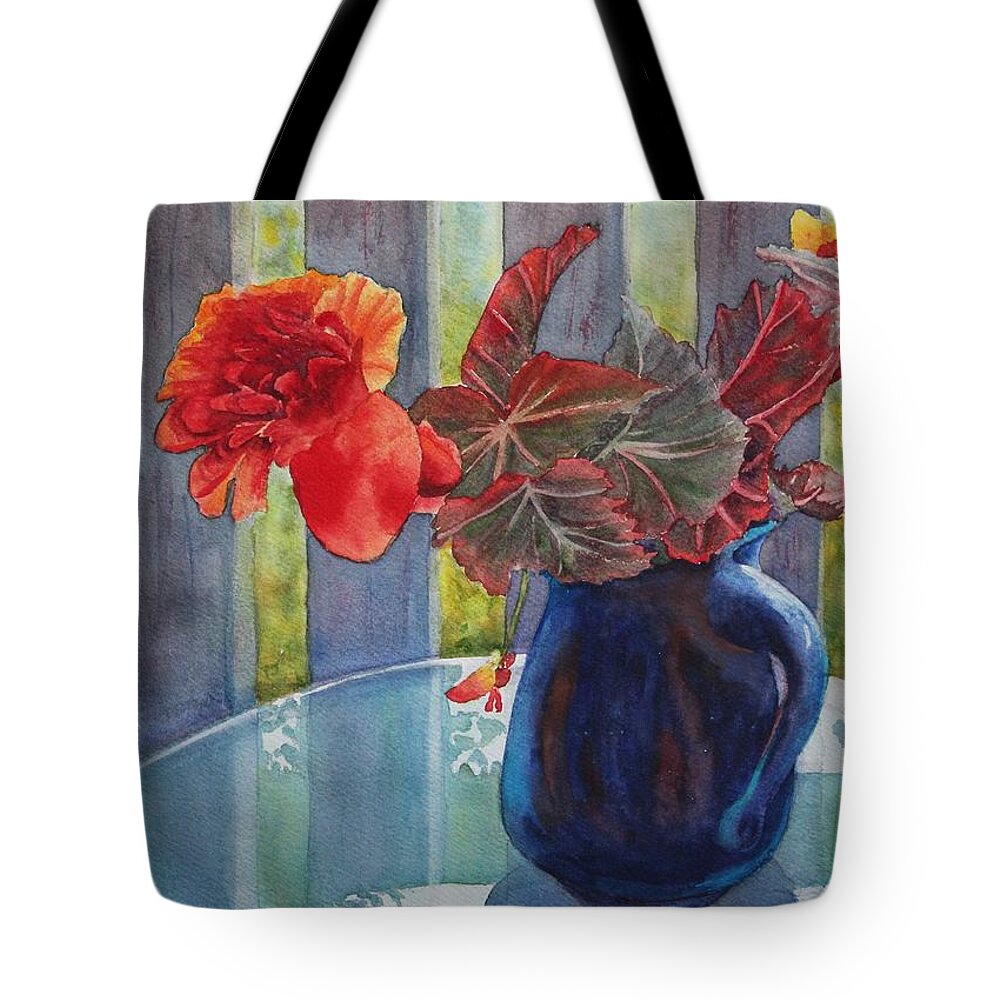 Blue Jug Tote Bag featuring the painting Nancy's Begonias by Ruth Kamenev