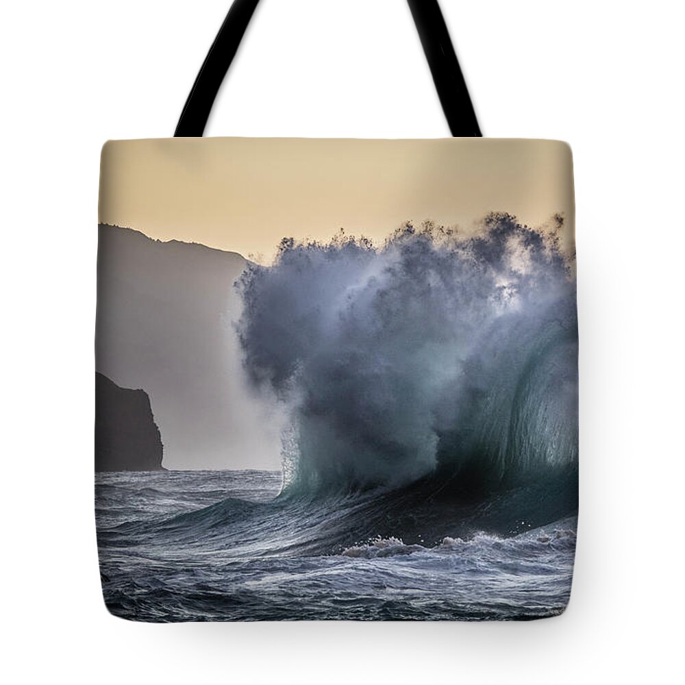 Napali Coast Hawaii Wave Explosion Tote Bag featuring the photograph Napali Coast Kauai Wave Explosion by Dustin K Ryan