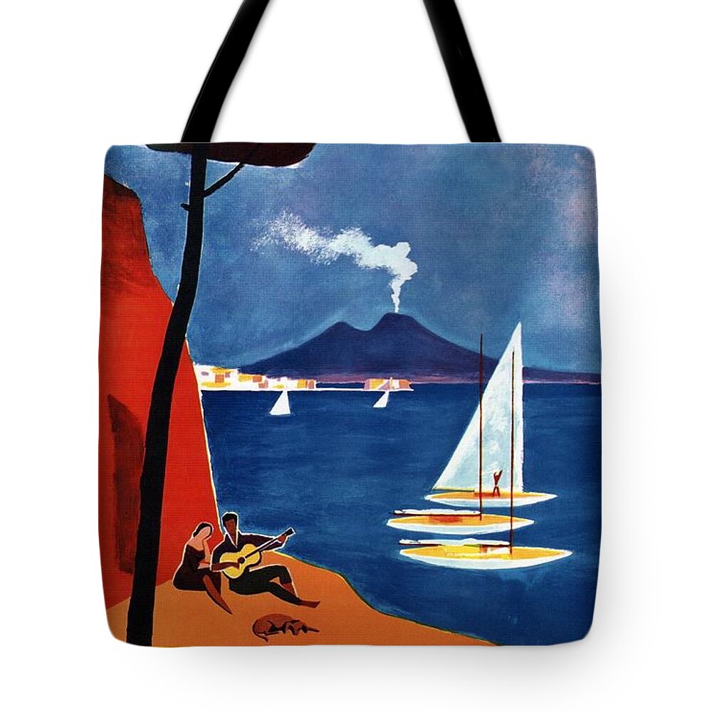 Napoli Tote Bag featuring the mixed media Napoli - Naples, Italy - Beach - Retro Advertising Poster - Vintage Poster by Studio Grafiikka