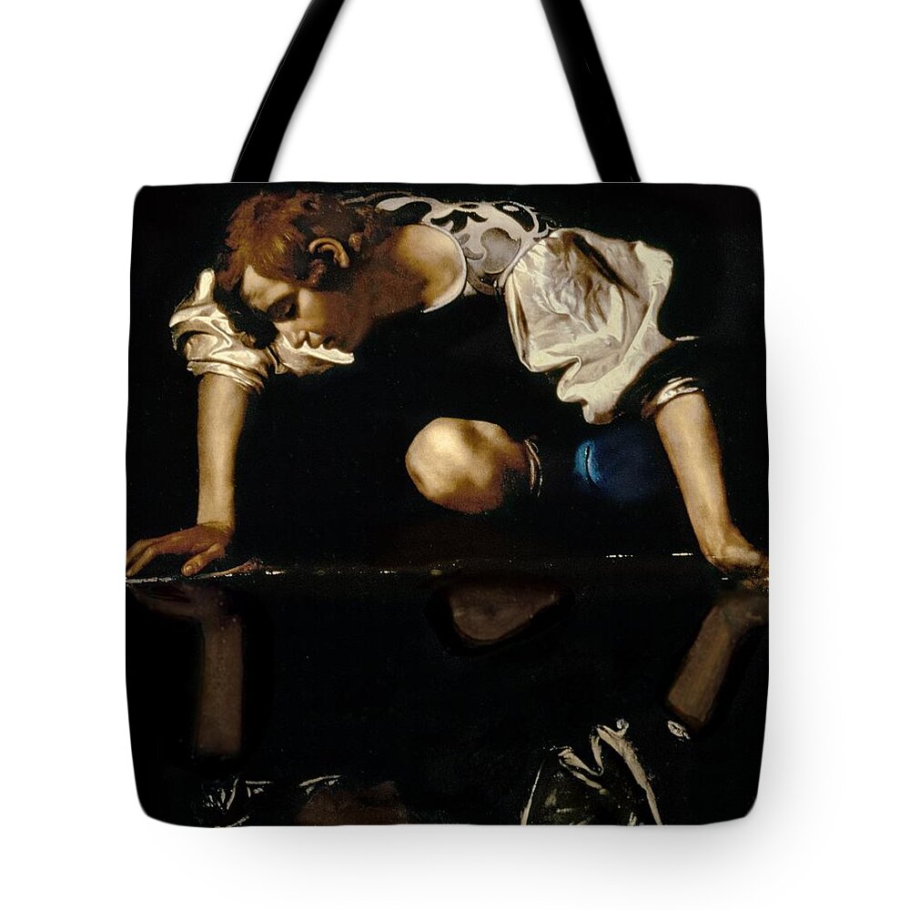 Narcissus Tote Bag featuring the painting Narcissus by Caravaggio
