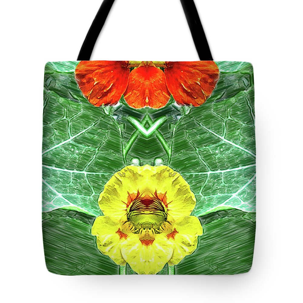 Mirror Image Pareidolia Tote Bag featuring the photograph Nasturtium Mirror Image Pareidolia by Constantine Gregory