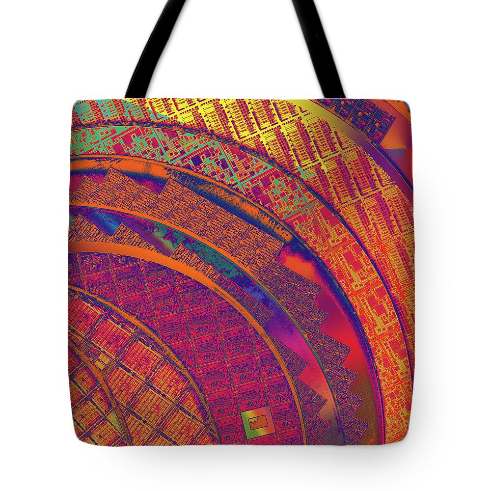 Silicon Valley Tote Bag featuring the digital art National Semiconductor Silicon Wafer Disc Computer Chips Abstract 1 by Kathy Anselmo