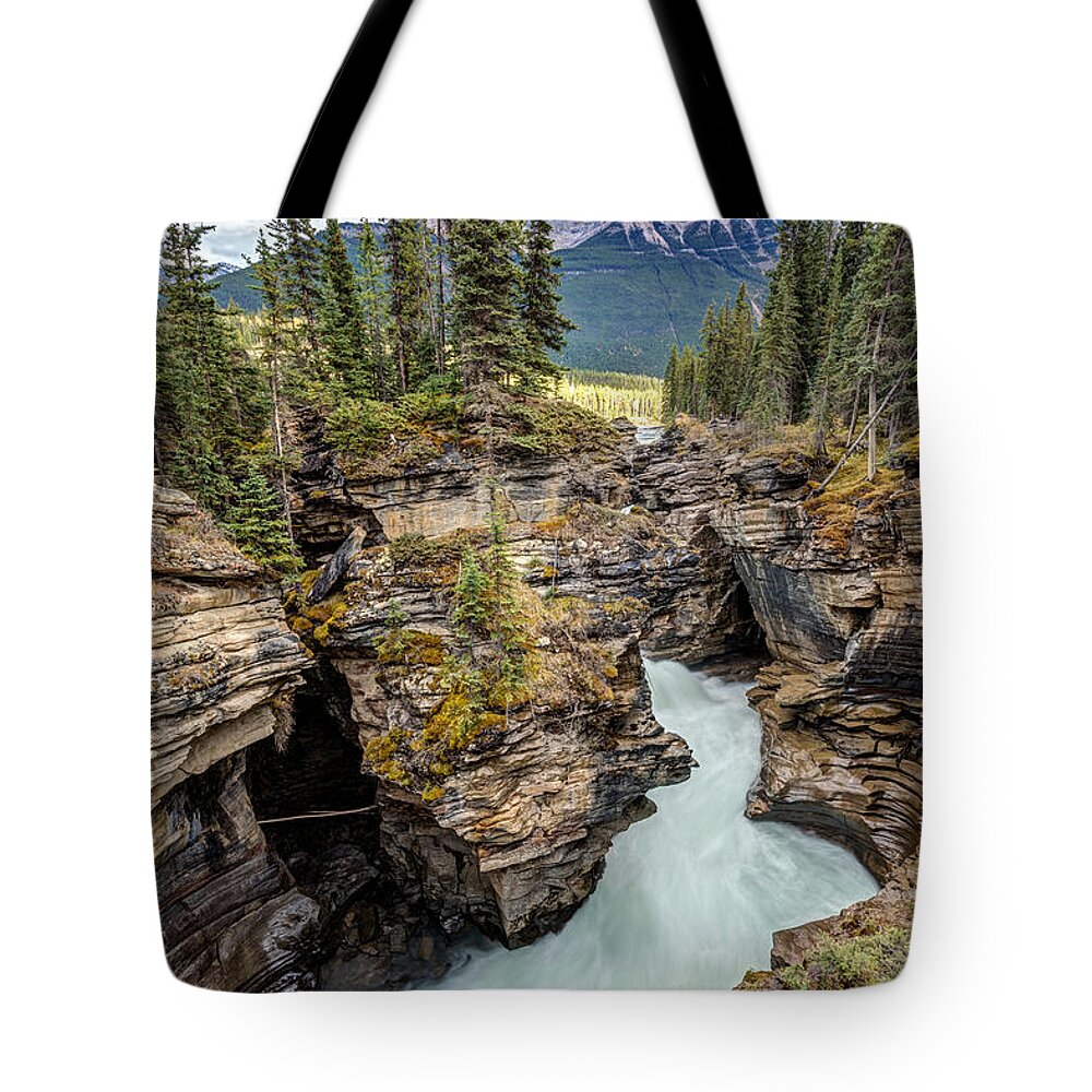 Athabasca Falls Tote Bag featuring the photograph Natural flow of Athabasca Falls by Pierre Leclerc Photography