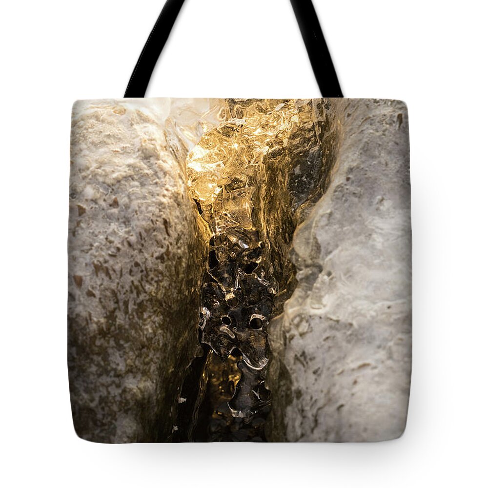 Natural Creation Tote Bag featuring the photograph Natures Creativity - Golden Crevasse by Georgia Mizuleva
