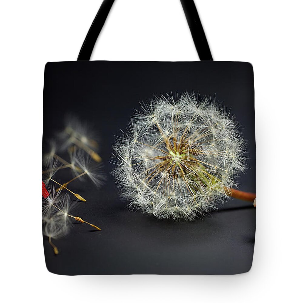 Naughty Tote Bag featuring the painting Naughty girl playing dandelion little people big world by Paul Ge