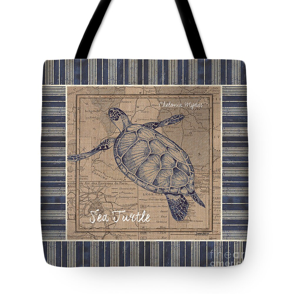 Sea Tote Bag featuring the painting Nautical Stripes Sea Turtle by Debbie DeWitt