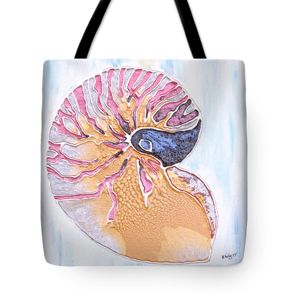 Shell Tote Bag featuring the mixed media Nautilus Shell Beauty by Shelly Tschupp