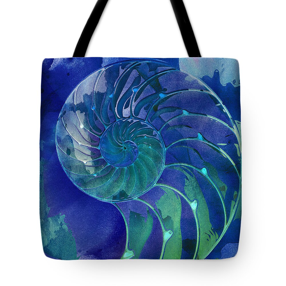Clare Bambers Tote Bag featuring the digital art Nautilus Shell Blue Green by Clare Bambers