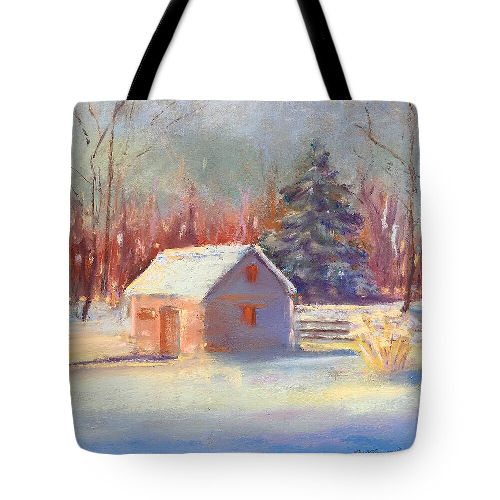 Nauvoo Painting Tote Bag featuring the pastel Nauvoo winter scene by Rebecca Matthews