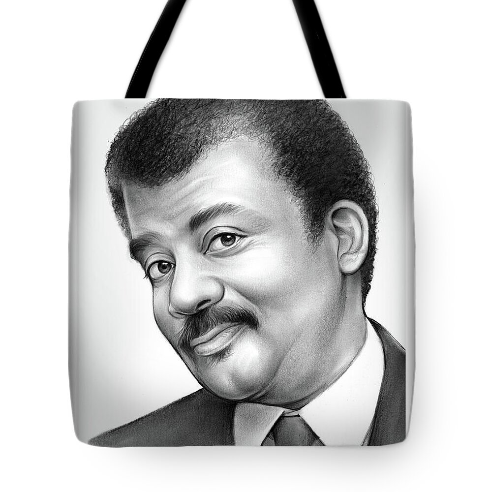 ﻿neil Degrasse Tyson Tote Bag featuring the drawing  Neil deGrasse Tyson by Greg Joens
