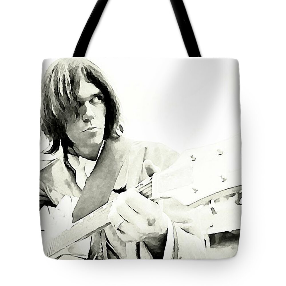 Neil Young Watercolor Tote Bag featuring the painting Neil Young Watercolor by John Malone