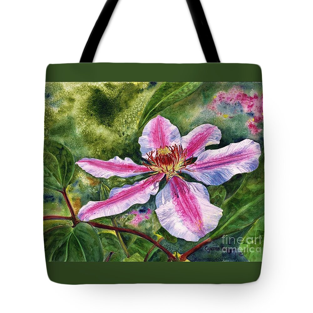 Cynthia Pride Watercolor Paintings Tote Bag featuring the painting Nelly Moser Clematis by Cynthia Pride
