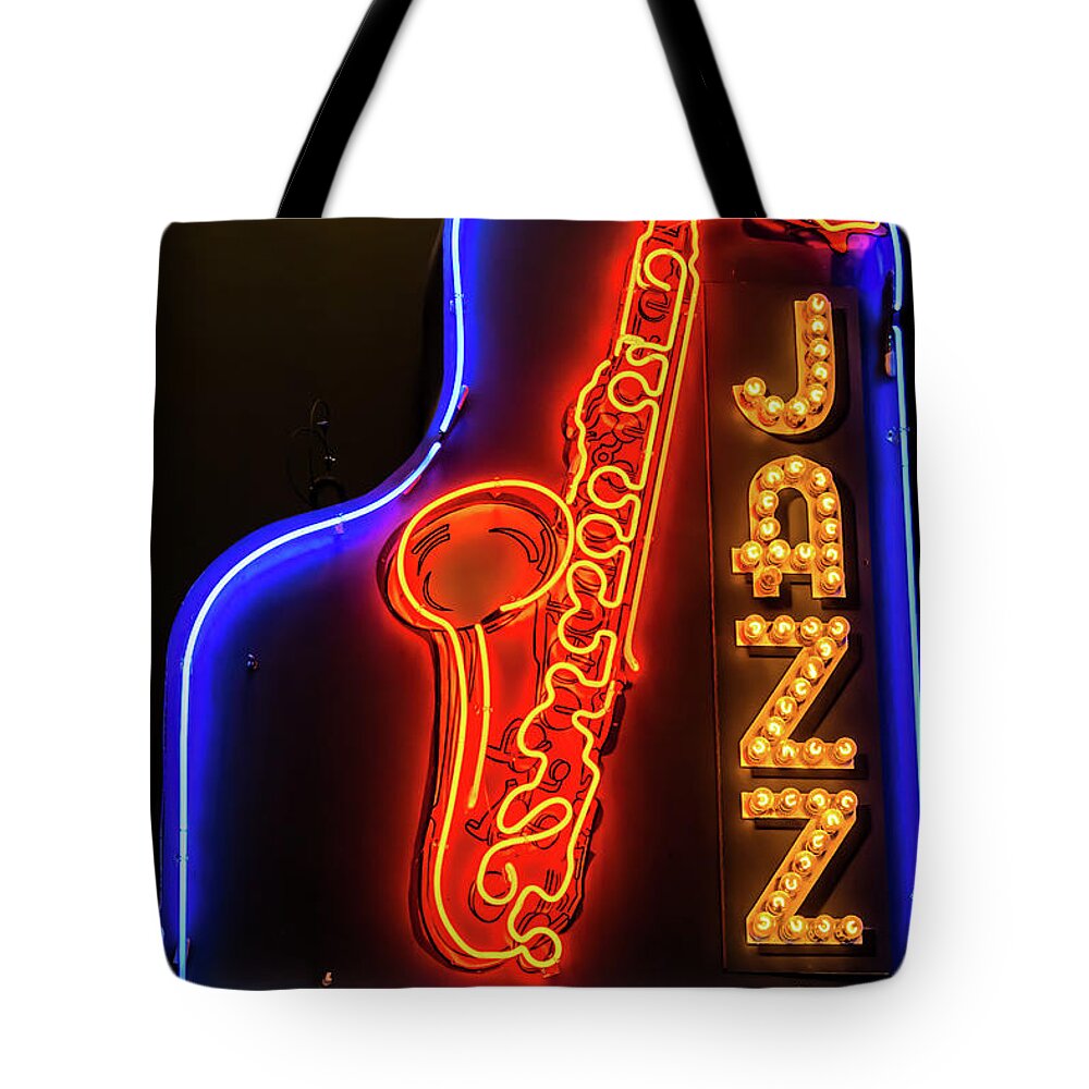 Neon Sign Tote Bag featuring the photograph Neon Jazz by Pamela Williams