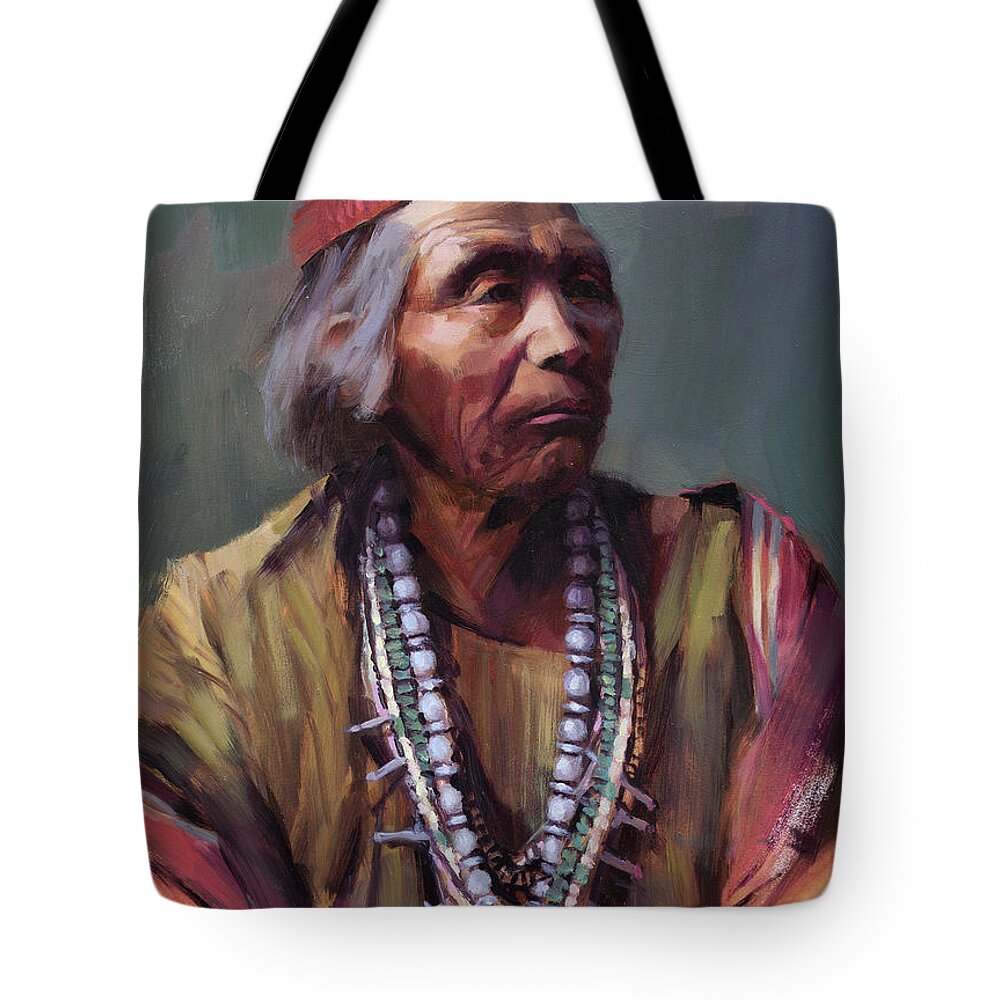 Navajo Tote Bag featuring the painting Nesjaja Hatali Medicine Man of the Navajo People by Steve Henderson