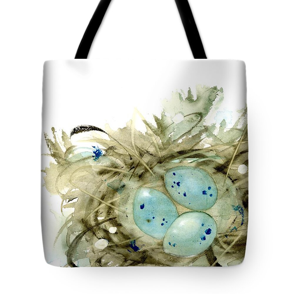 Watercolor Nest Tote Bag featuring the painting Nest and 3 Eggs by Dawn Derman