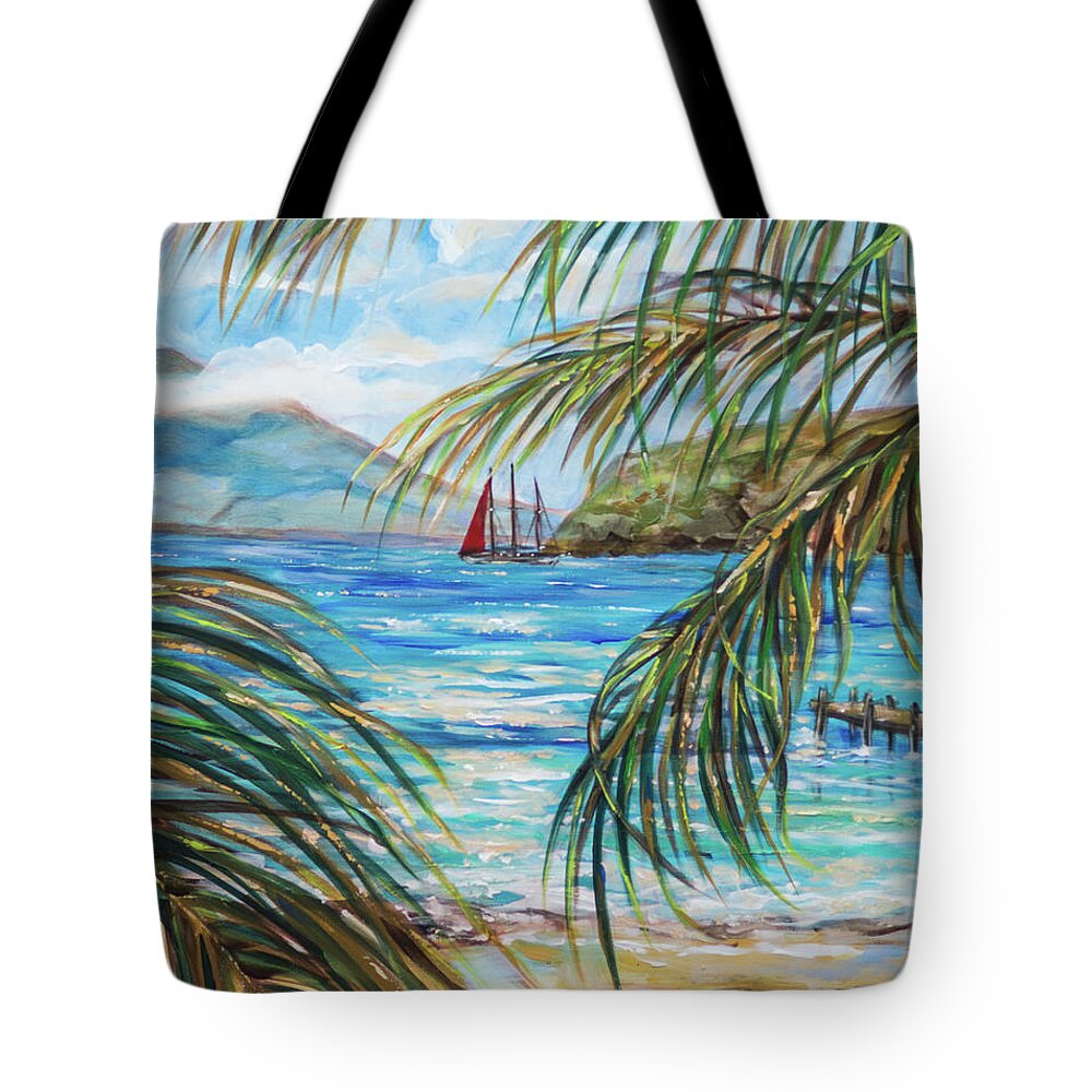 #tropical Tote Bag featuring the painting Nevis in the Distance by Linda Olsen