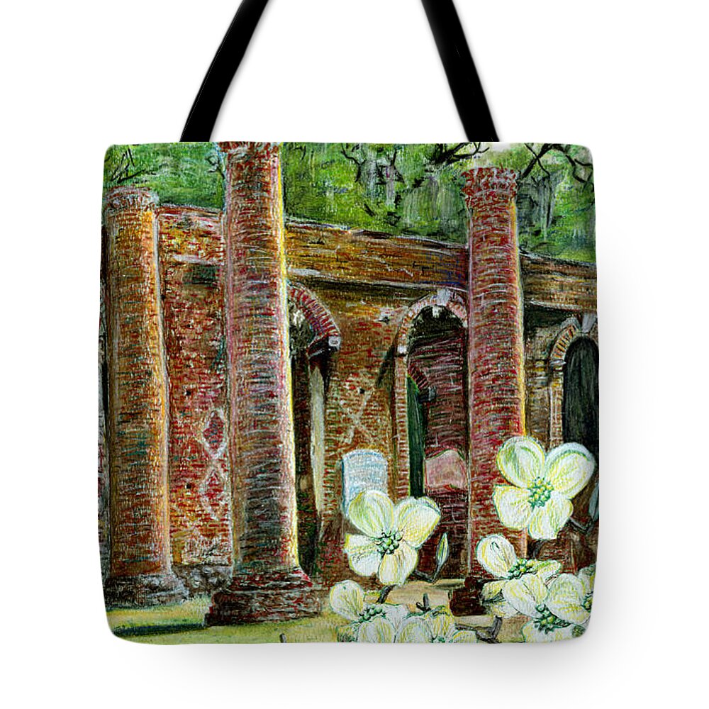 Ruins Tote Bag featuring the painting New Dogwoods at Old Sheldon by Thomas Hamm