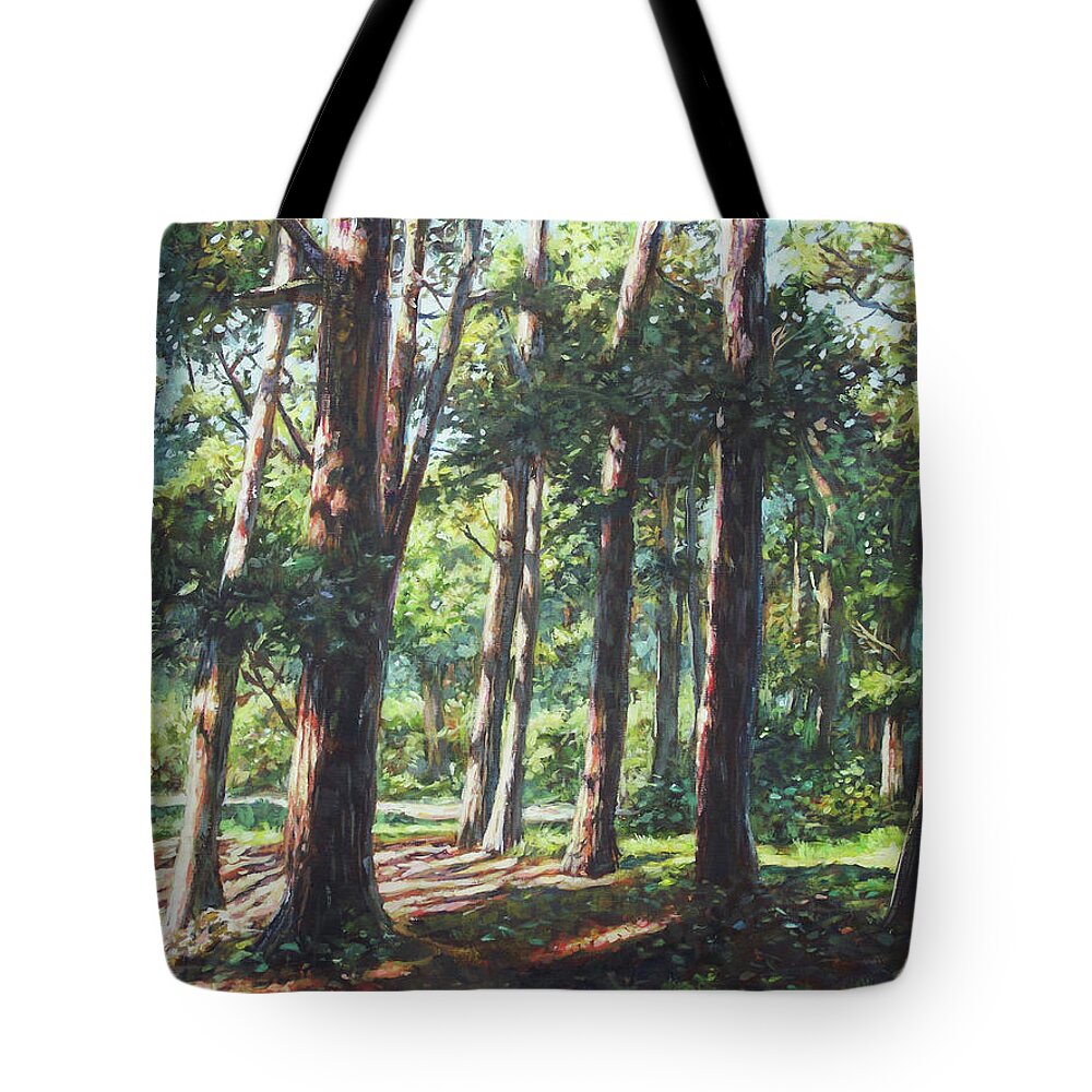 Trees Tote Bag featuring the painting New Forest Trees with Shadows by Martin Davey