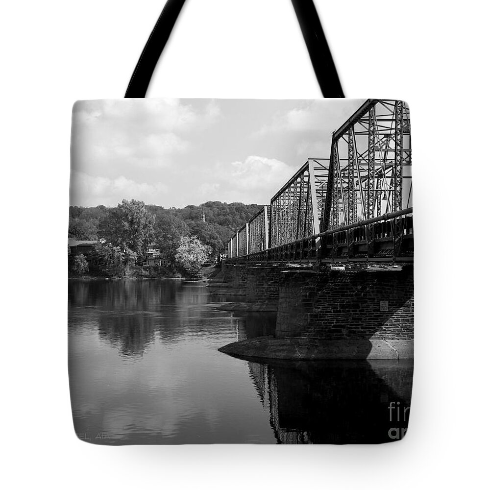 Rob Seel Tote Bag featuring the photograph New Hope Lambertville Bridge -- B W by Robert M Seel