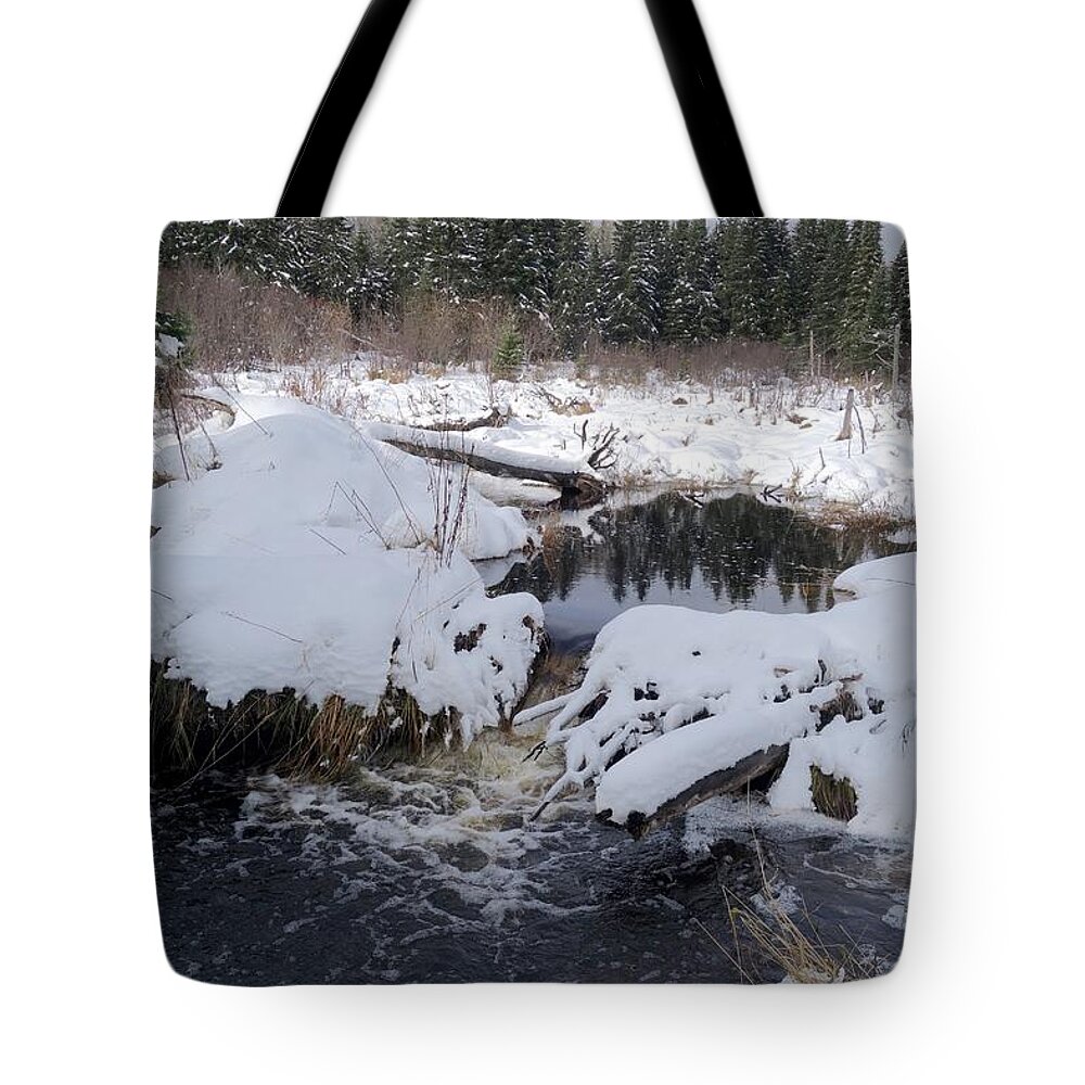Beaver Pond Tote Bag featuring the photograph New Snow on Beaver Pond by Sandra Updyke