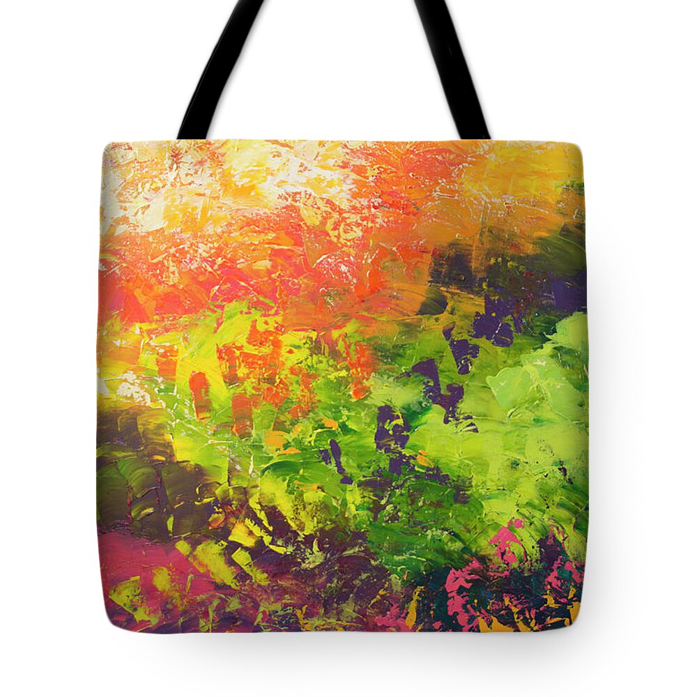 Abstract Tote Bag featuring the mixed media Irises by Linda Bailey