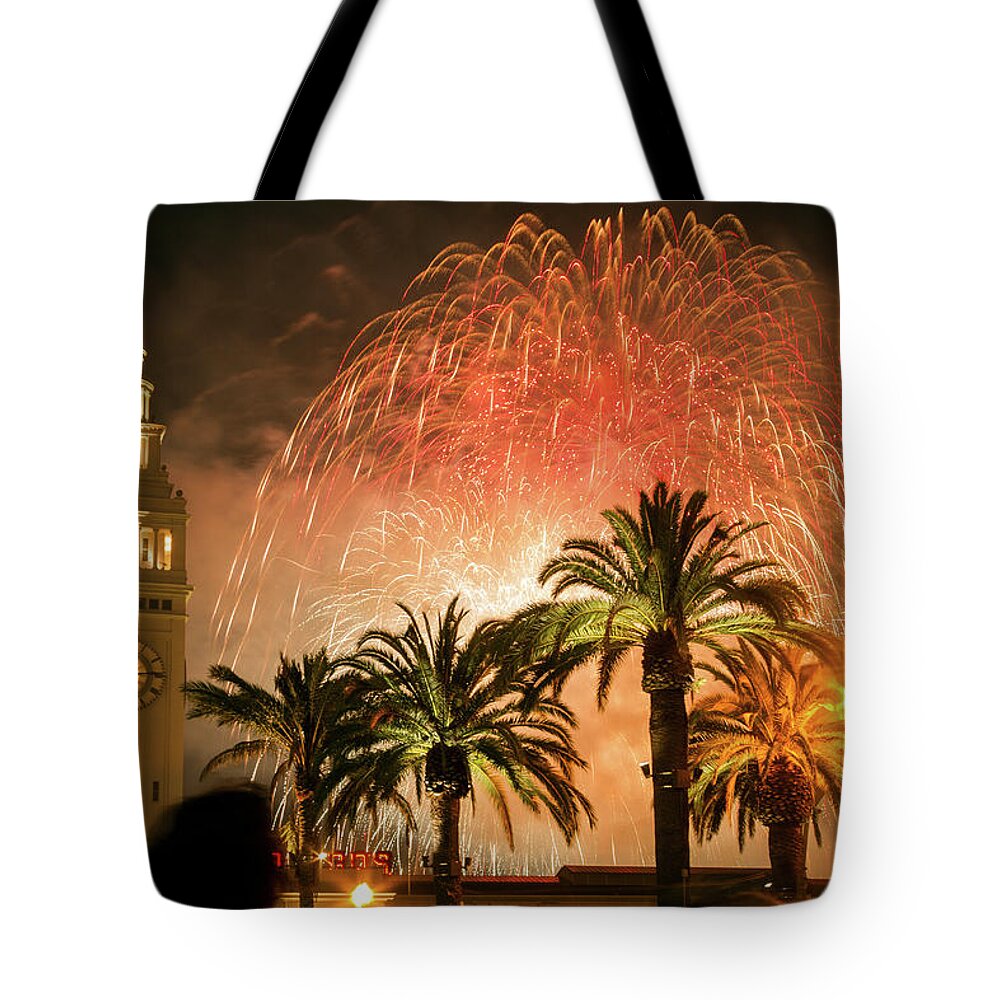 New Years Fireworks Finale San Francisco Tote Bag featuring the photograph New Years Fireworks Finale San Francisco by Bonnie Follett