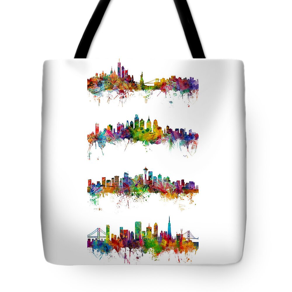 New York Skyline Tote Bag featuring the digital art New York, Philadelphia, Seattle and San Francisco Skylines by Michael Tompsett