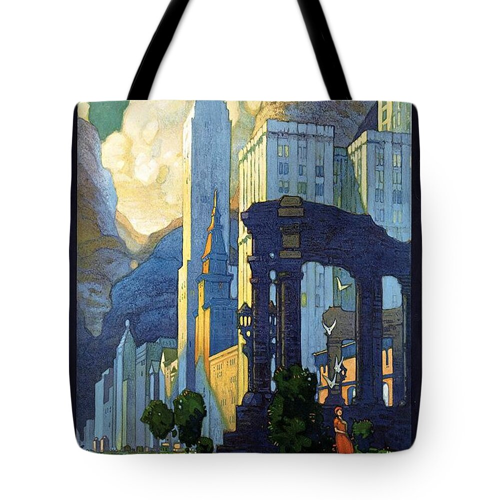 Chicago Tote Bag featuring the mixed media New York Central Lines, Chicago - Retro travel Poster - Vintage Poster by Studio Grafiikka