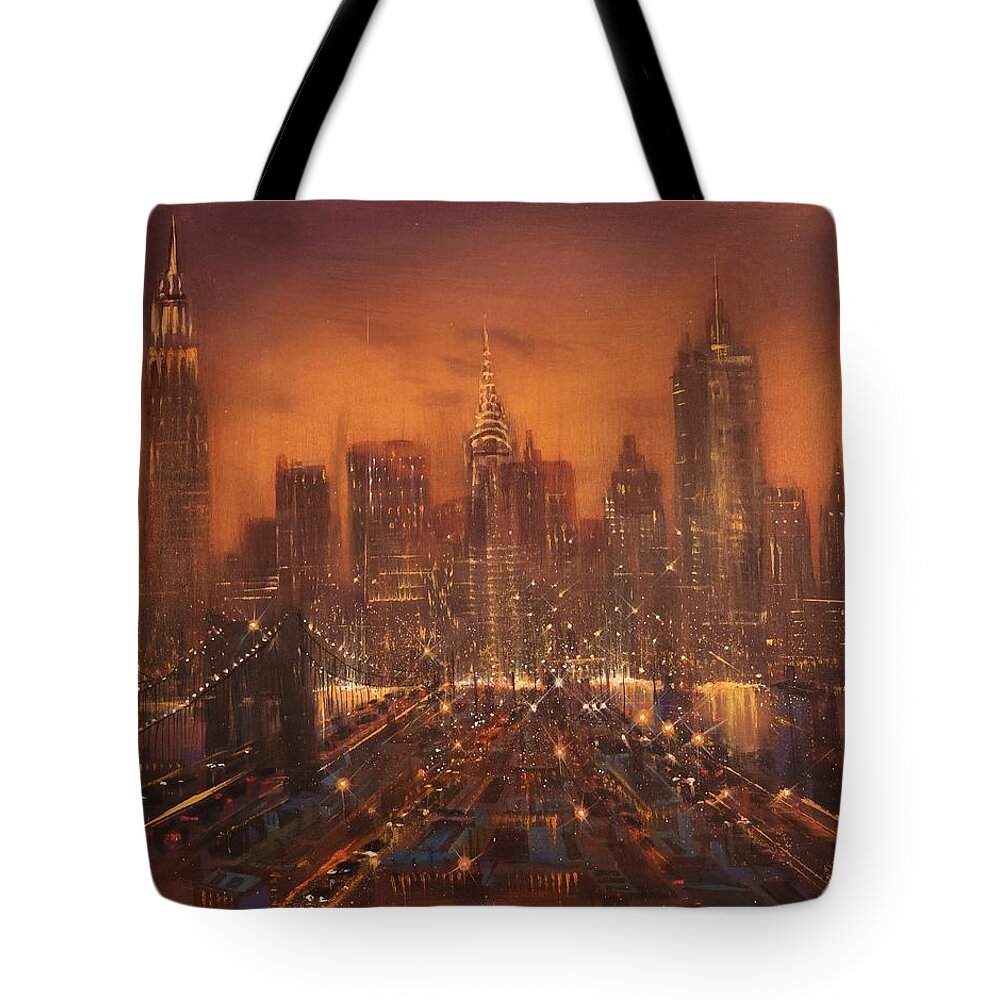 Nyc Tote Bag featuring the painting New York City of Dreams by Tom Shropshire