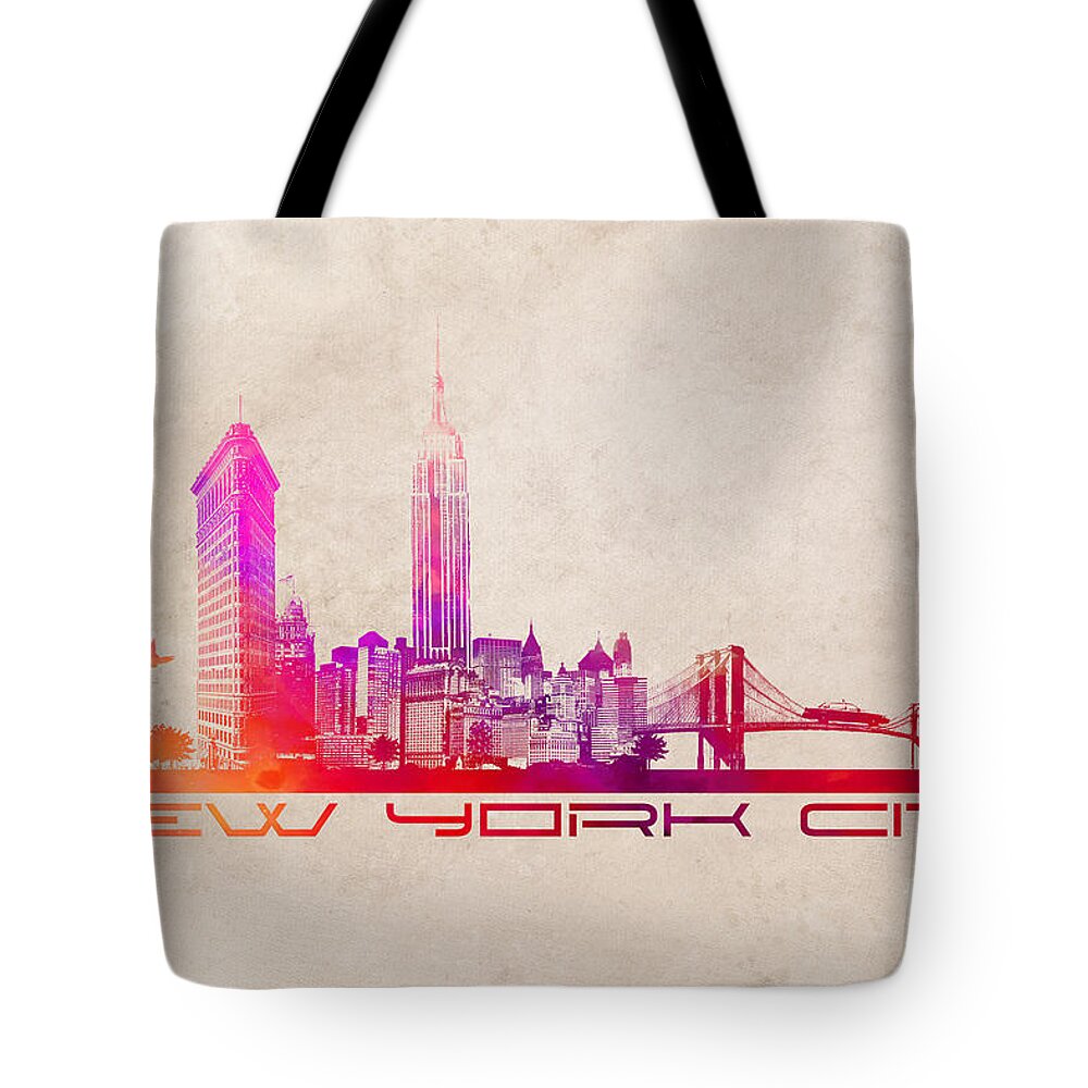 New York Tote Bag featuring the digital art New York City skyline purple by Justyna Jaszke JBJart