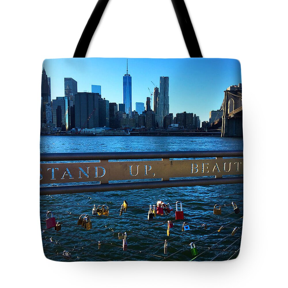 Nyc Tote Bag featuring the photograph New York City Skyline with Brooklyn Bridge by Joann Vitali
