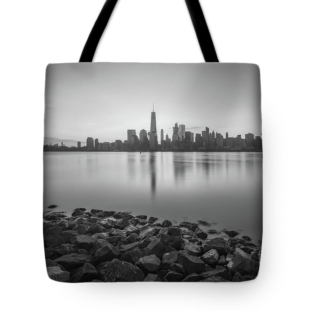 Lower Manhattan Tote Bag featuring the photograph New York City Sunrise BW by Michael Ver Sprill