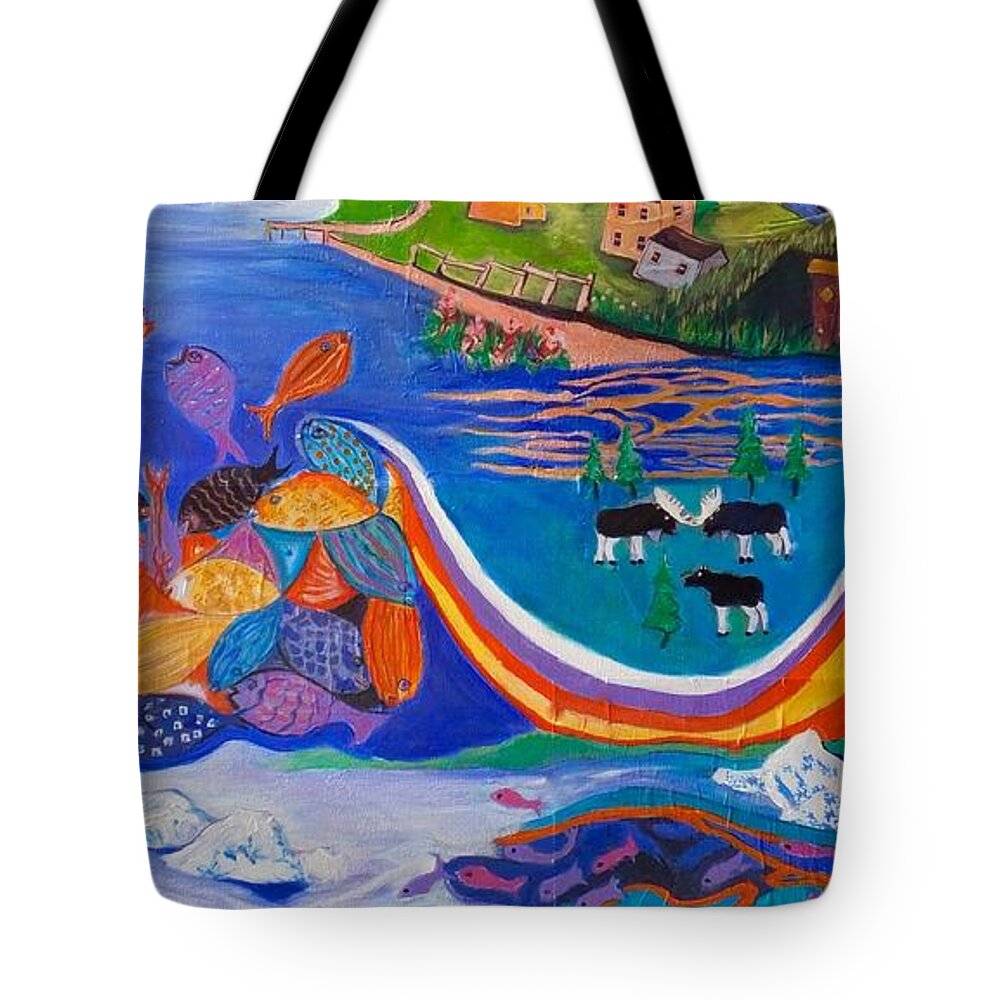 Newfoundland Tote Bag featuring the painting Newfie Art II by Myra Evans