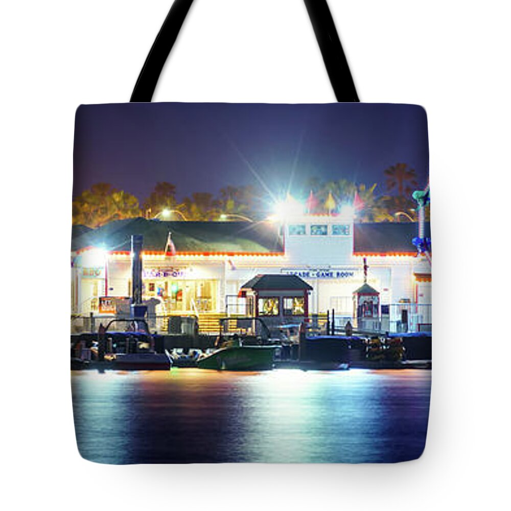 2017 Tote Bag featuring the photograph Newport Balboa Fun Zone at Night Panorama Photo by Paul Velgos