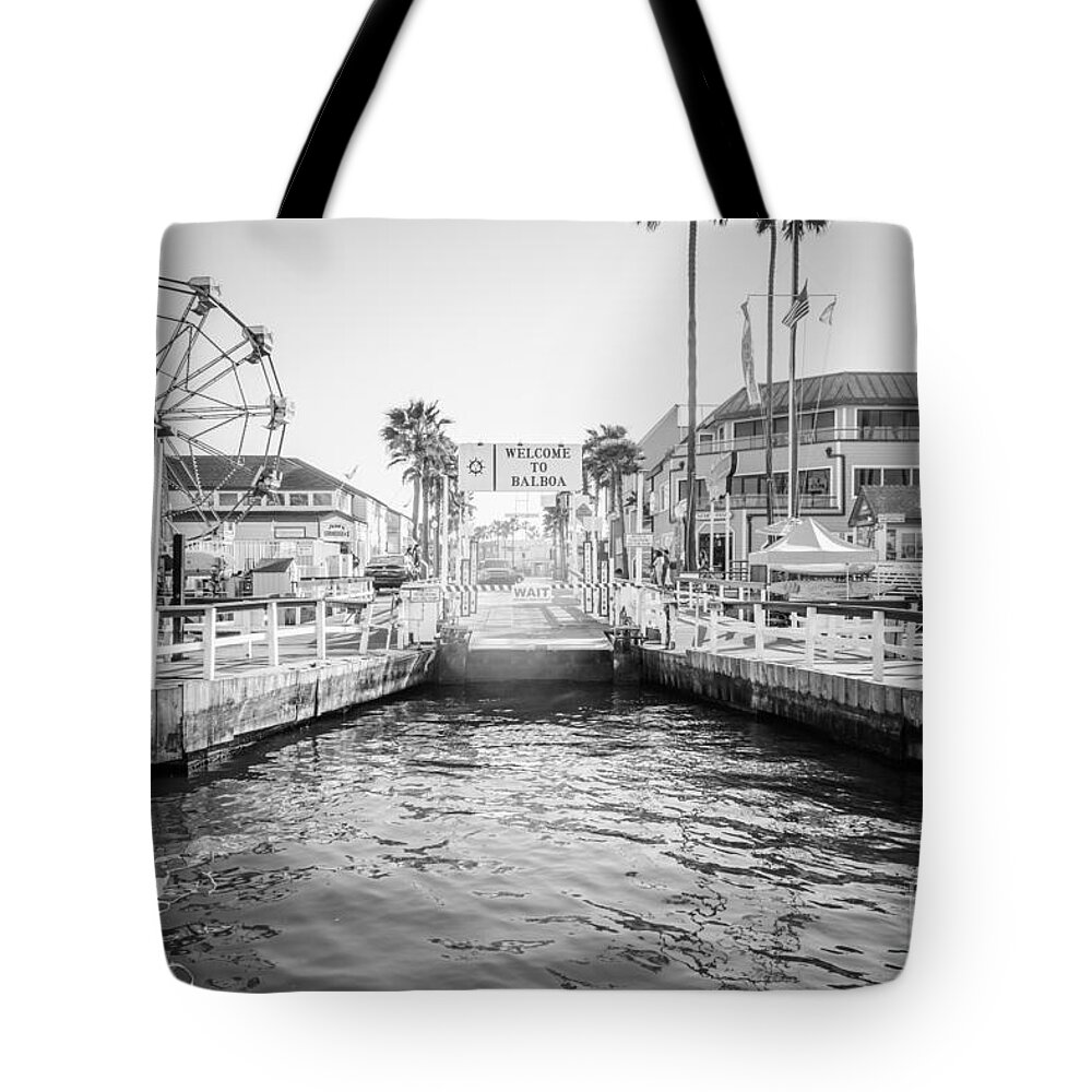 America Tote Bag featuring the photograph Newport Beach Ferry Dock Black and White Photo by Paul Velgos