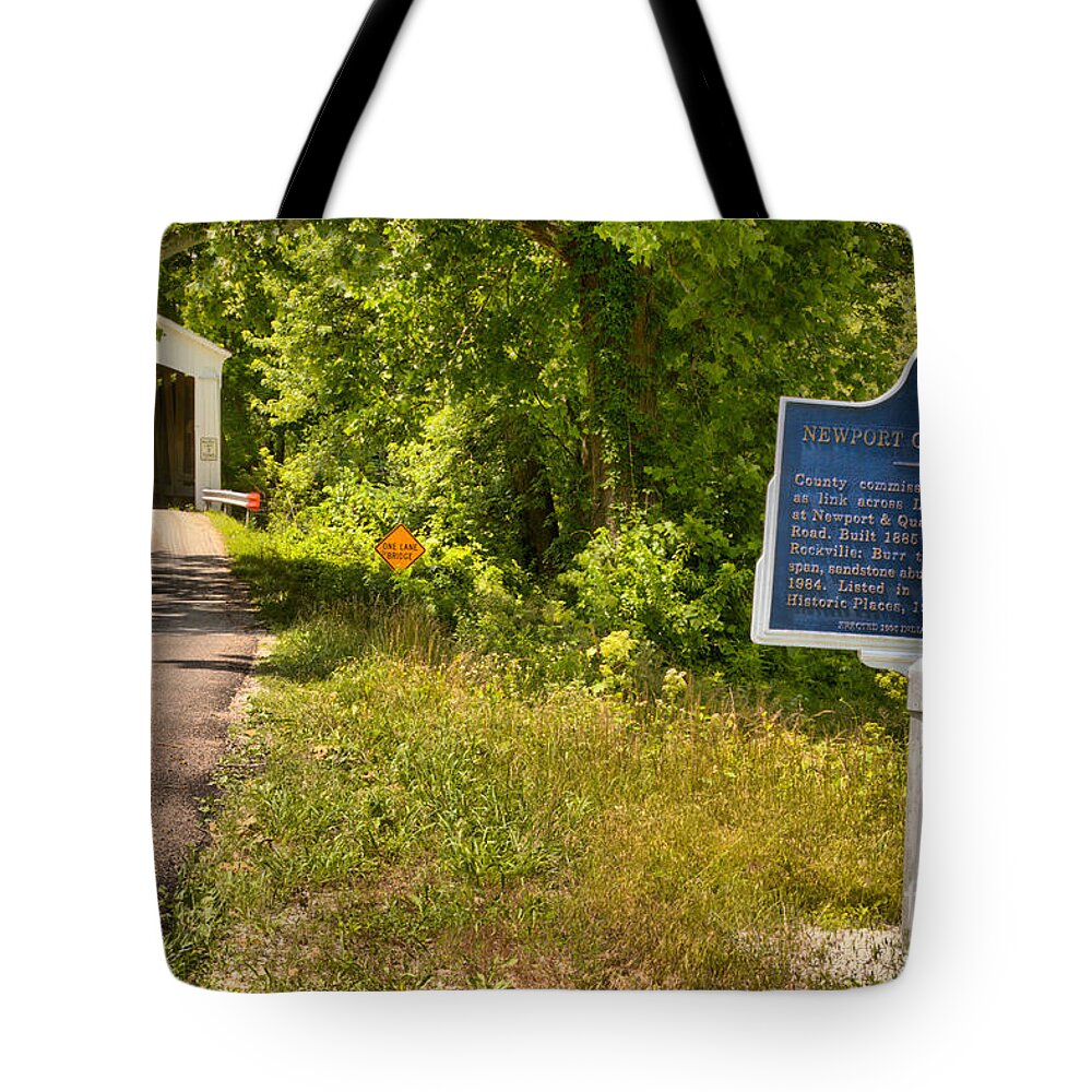 Newport Covered Bridge Tote Bag featuring the photograph Newport Covered Bridge Sign by Adam Jewell