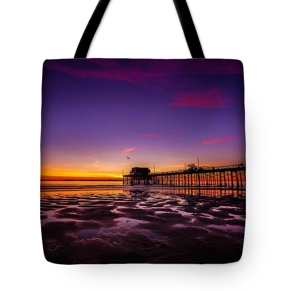 Newport Beach Tote Bag featuring the photograph Newport Pier Sunset by Pamela Newcomb