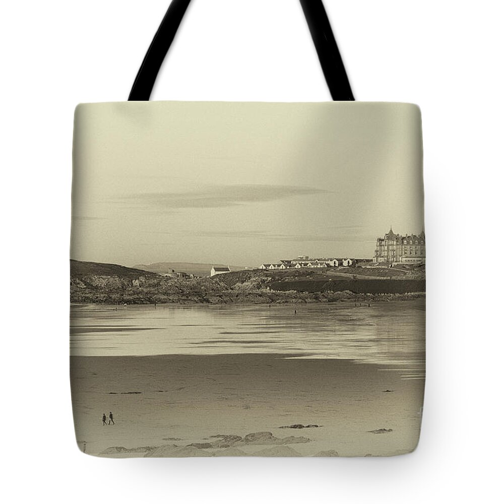 Sepia Tote Bag featuring the photograph Newquay with old watercolor effect by Nicholas Burningham