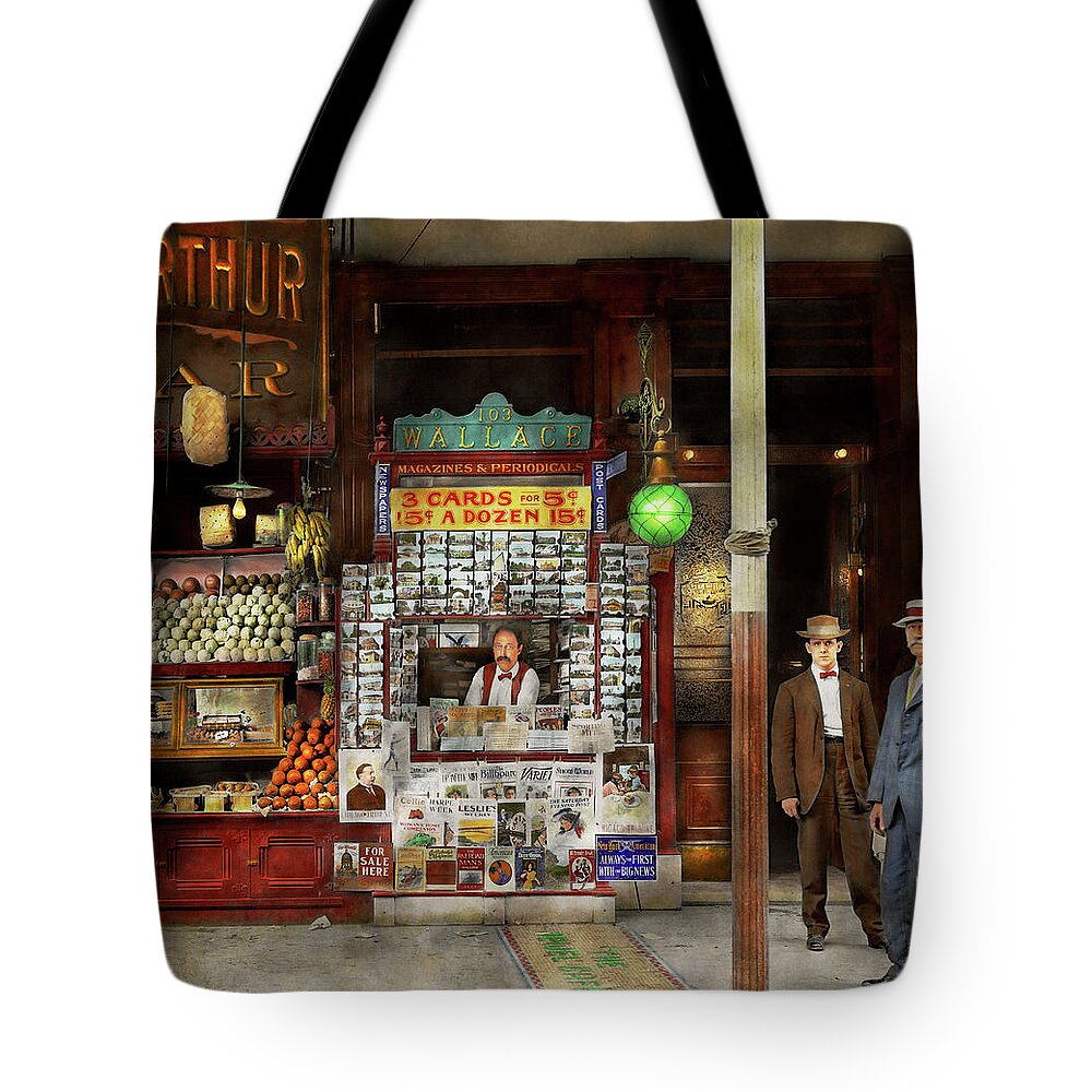 Self Tote Bag featuring the photograph Newsstand - Standing room only 1908 by Mike Savad