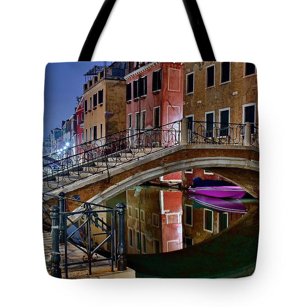 Venice Tote Bag featuring the photograph Night Bridge in Venice by Frozen in Time Fine Art Photography