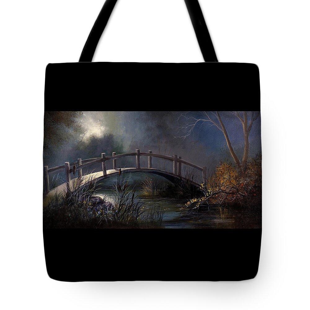 Lynne Pittard Tote Bag featuring the painting Moonlit Bridge by Lynne Pittard
