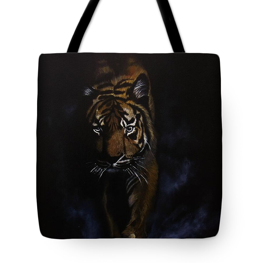 Tiger Tote Bag featuring the painting Night Hunter by Jean Yves Crispo