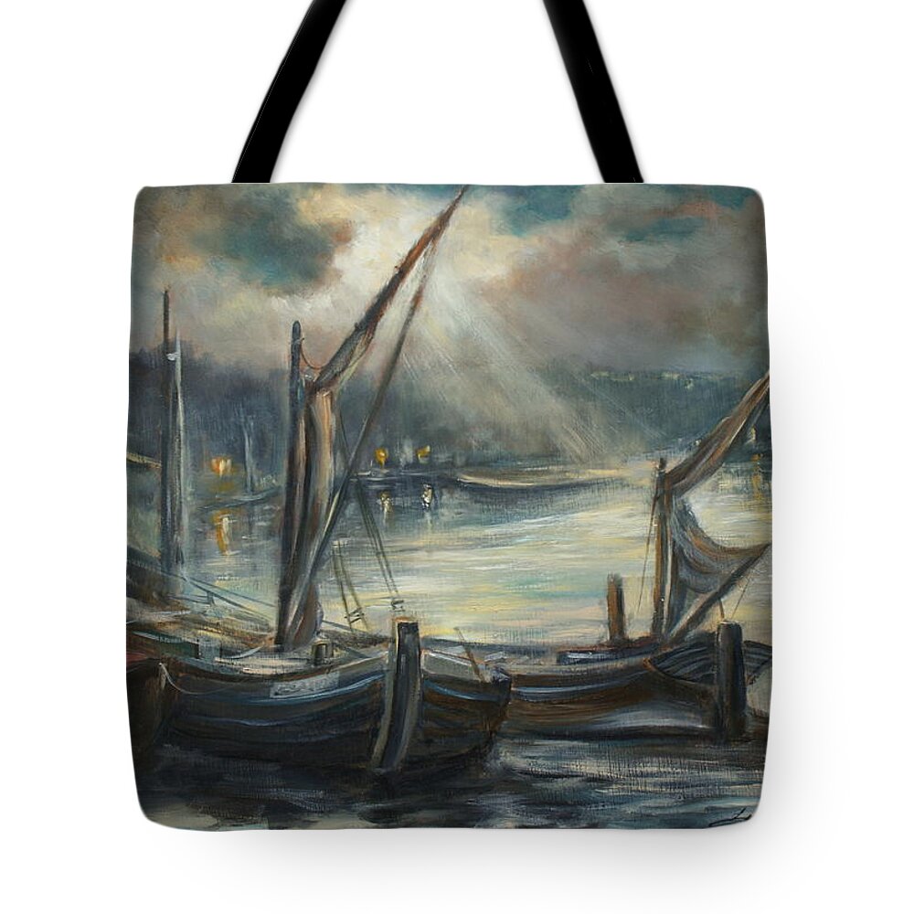 Harbor Tote Bag featuring the painting Night in Harbor by Luke Karcz