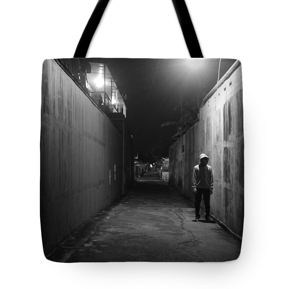 Black And White Tote Bag featuring the photograph Night In the Alley by Tezar Pratama Said