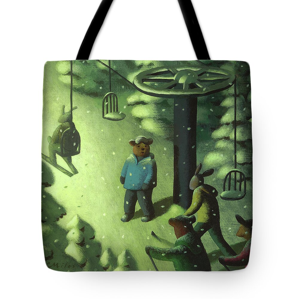 Skiing Tote Bag featuring the painting Night Lifty by Chris Miles
