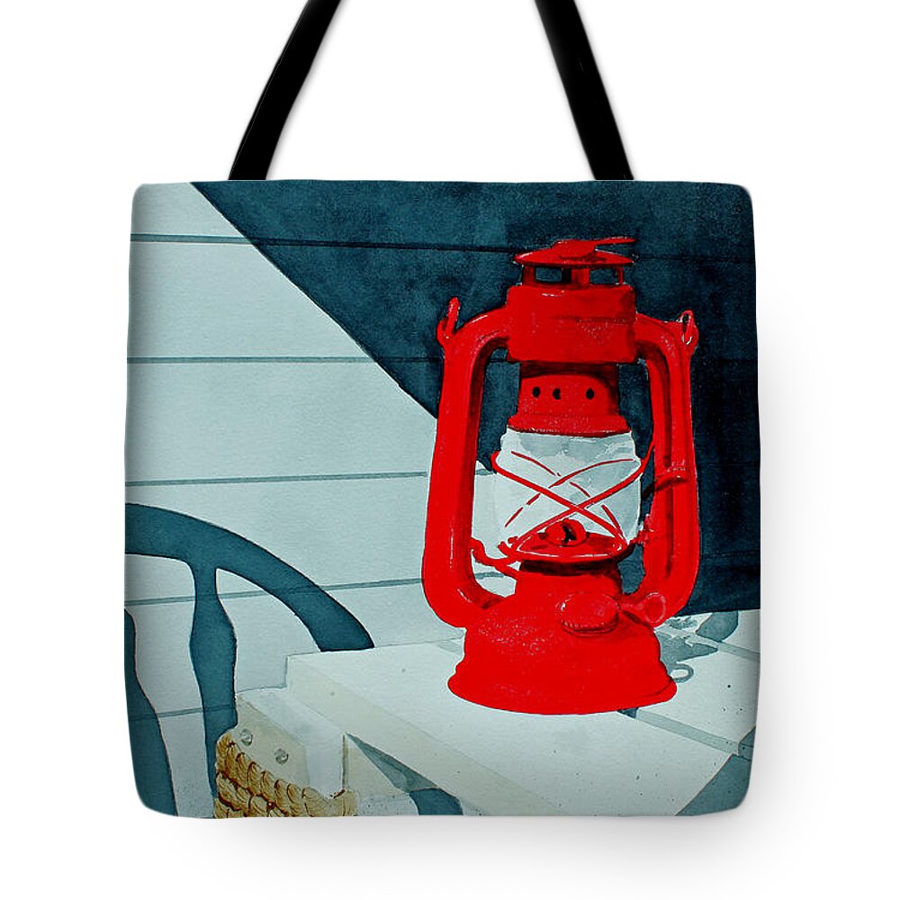 A Bright Red Lantern Sets On A White Table In The Sunlight Of Mid-day. Tote Bag featuring the painting Night Light by Monte Toon