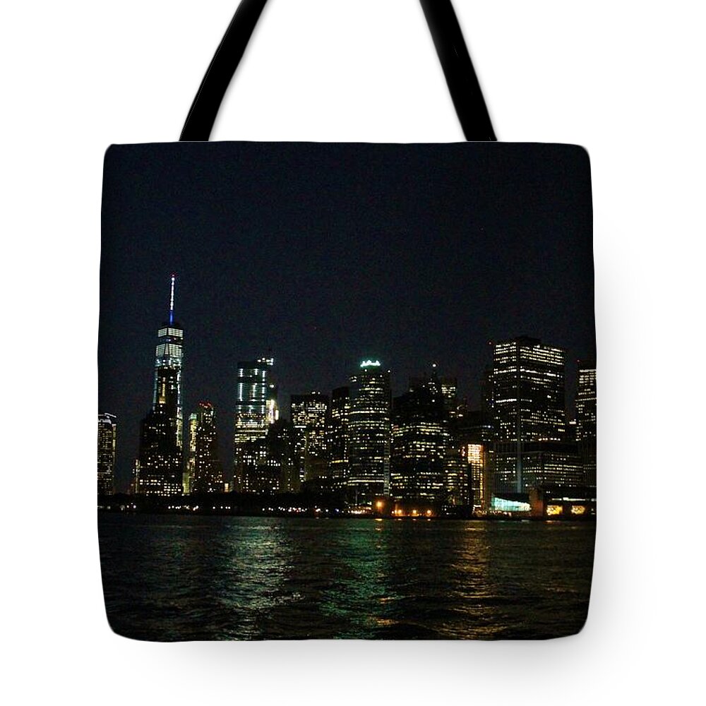 Karen Silvestri Tote Bag featuring the photograph Night Skyline of Lower Manhattan by Karen Silvestri